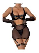 Sheer Mesh Babydoll with Strappy Bra, High Waist Panty & Garter Straps