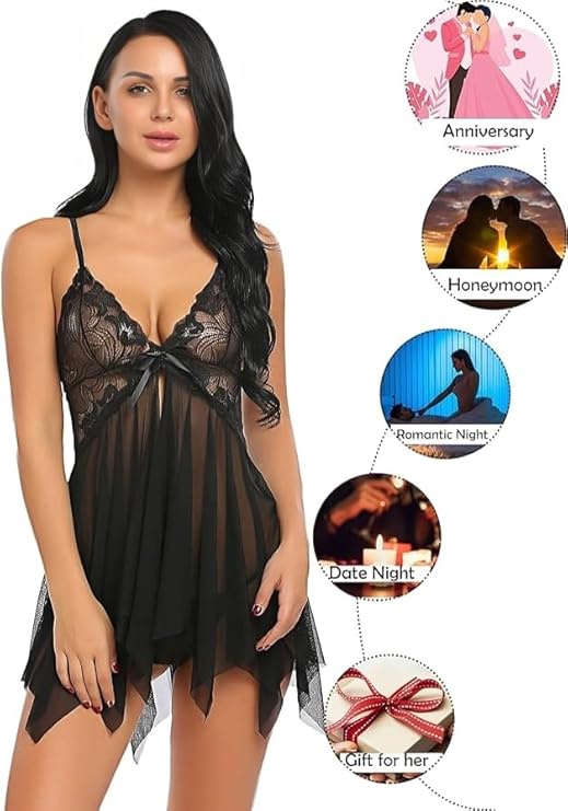Women's Net Solid Above Knee Babydoll Lingerie - Image 6